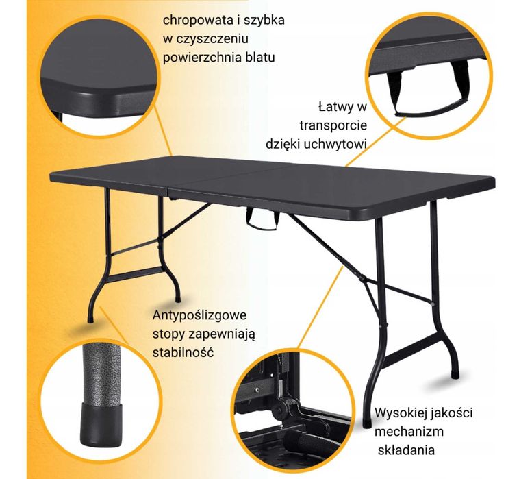 Mocny Stół Bankietowy Składany Kateringowy Ogrodowy 180 CZARNY NOWY FA