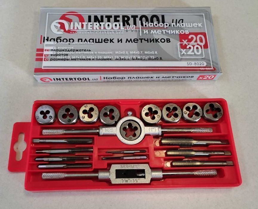 Набір плашок і мітчиків 20од INTERTOOL SD-8020, метчики, лерки, плашки