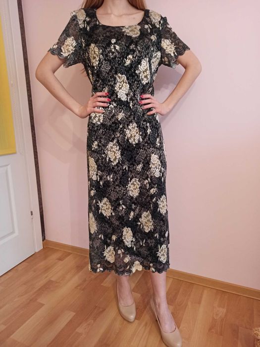 Czarna długa midi sukienka w kwiaty z krótkim rękawem vintage lata 90