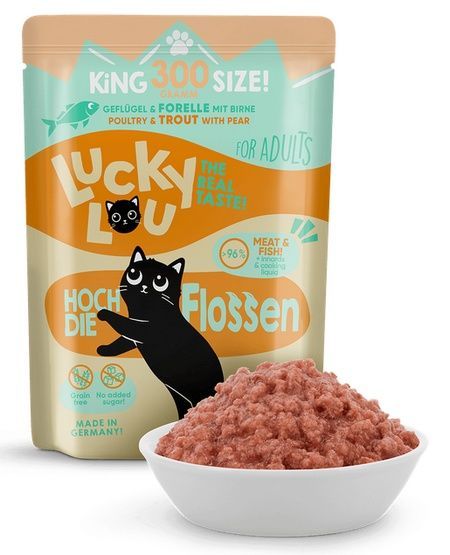 Karma dla kota bez zbóż, cukru i GMO - Lucky Lou DRÓB i PSTRĄG 300g