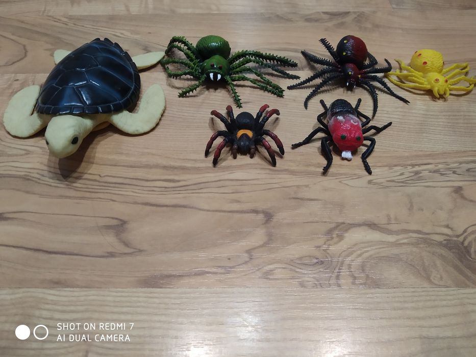Zabawki, figurki ( żółw, pająki i mucha )