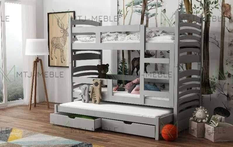 Piętrowe łóżko dziecięce OLAF z drewna sosnowego dla 3 os.