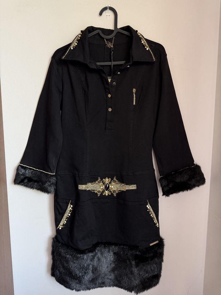 Ekskluzywna sukienka Raw Couture z futerkiem i zdobieniami Nowa 38 M