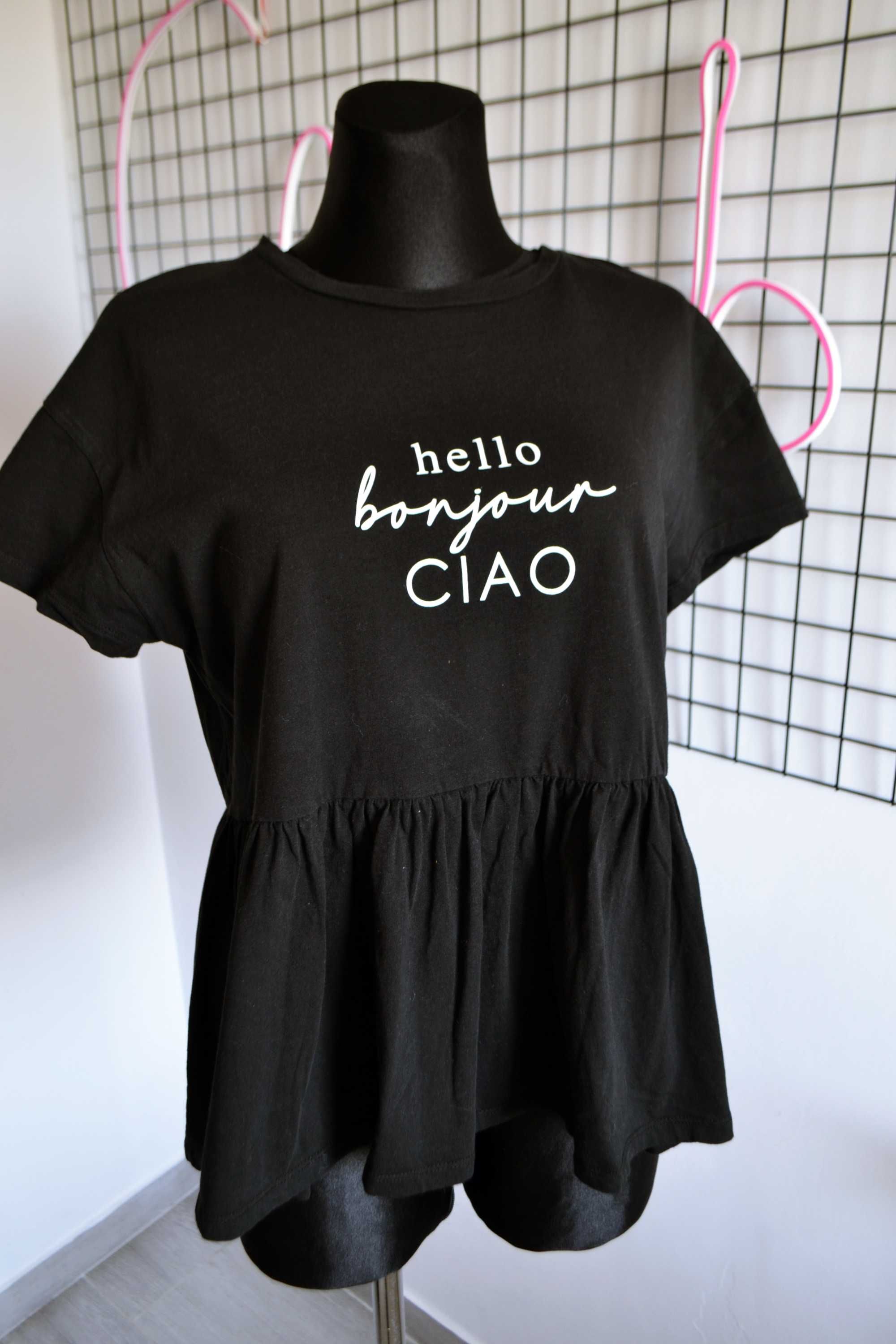 Czarna bluzka z baskinką bawełniana tshirt koszulka ciao bonjour