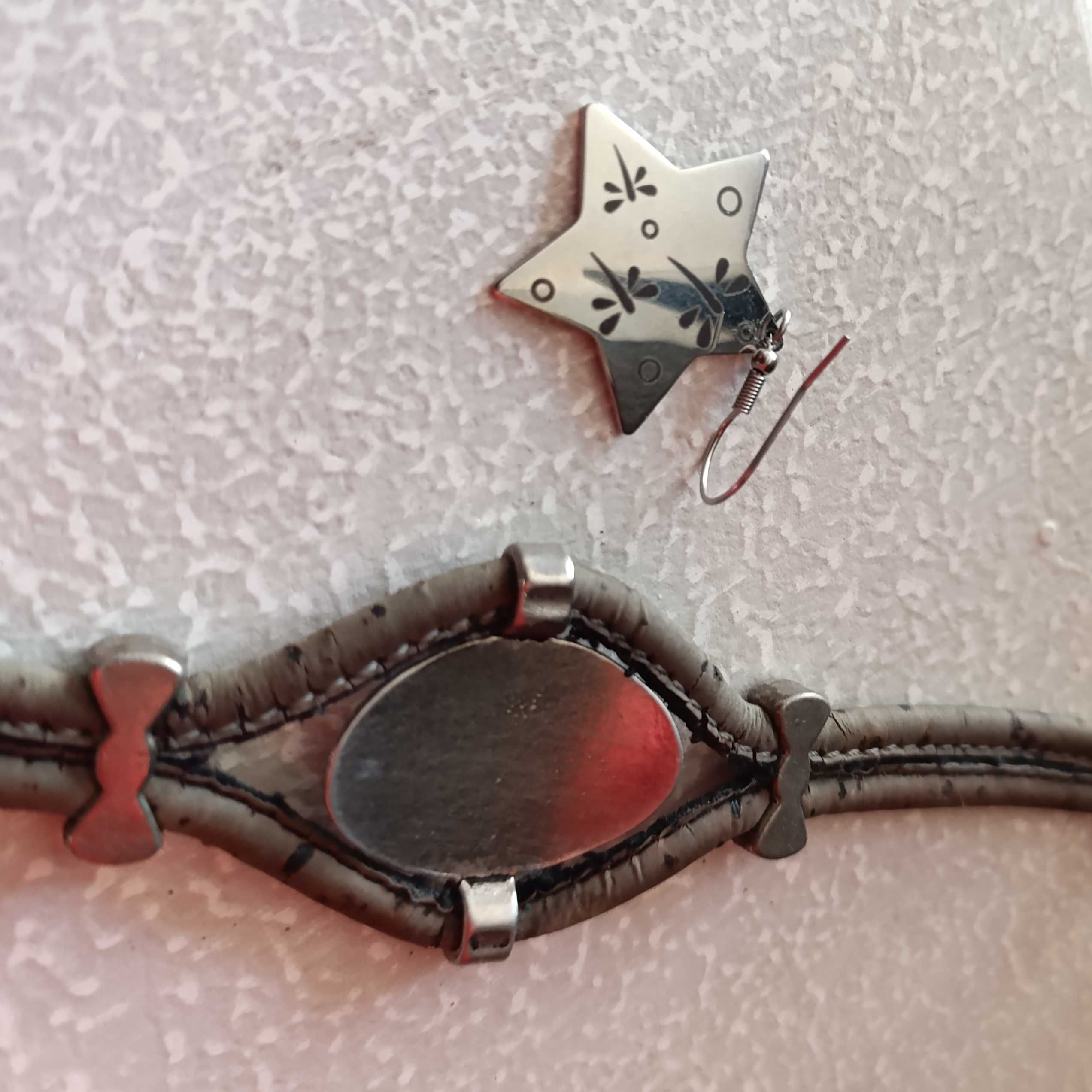 Conjunto Pulseira pele Genuína, verde e metal + 1 Brinco Estrela