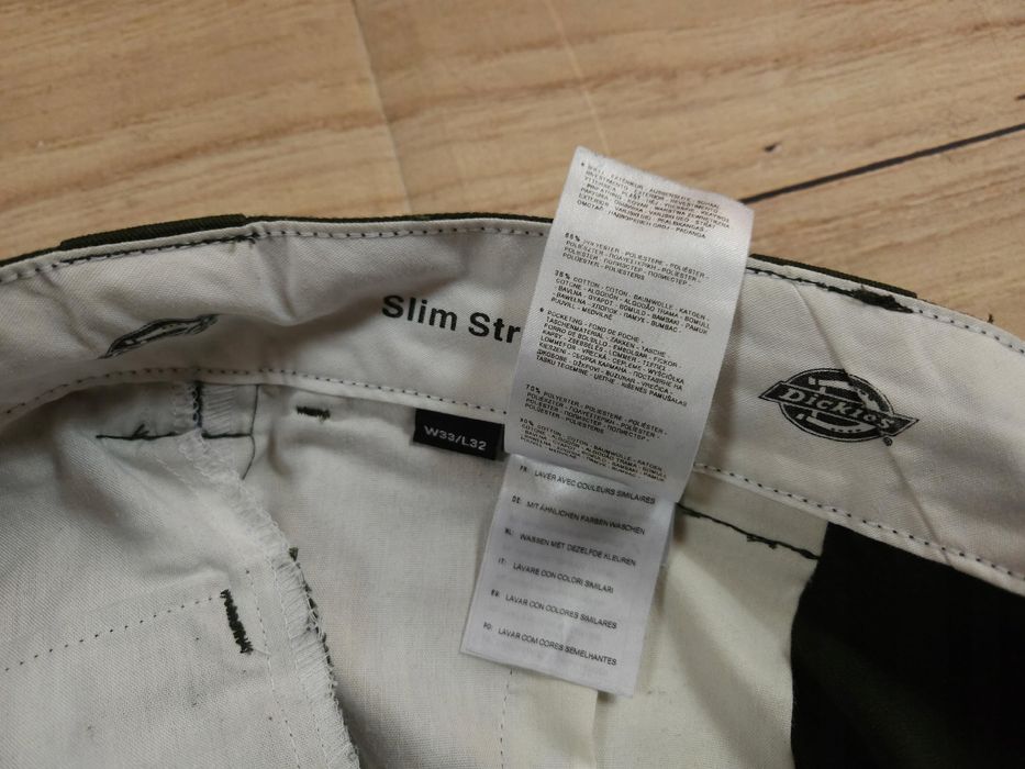 DICKIES Slim Straight Spodnie Chinos Zielone Męskie Logowane r. 33/32