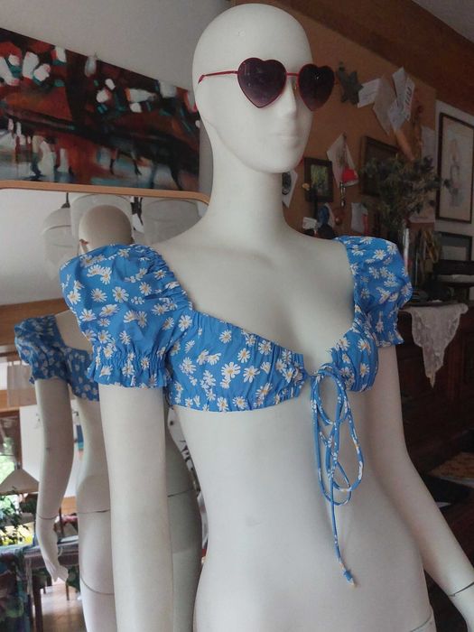 błękitny top crop Shein wiązany bufki country fairy cottagecore kwiaty