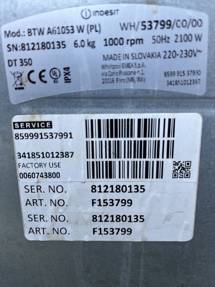 Pralka INDESIT BTW A610053 W ładowana od góry na części