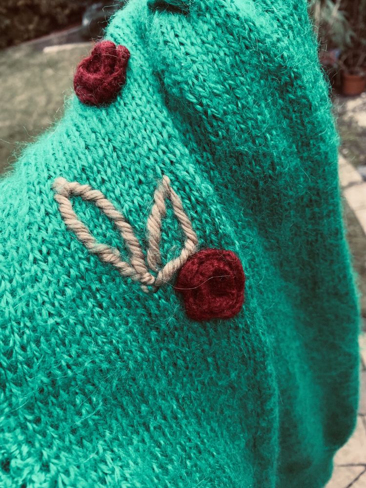 Sweter zielony moherowy vintage haftowany retro kardigan kwiaty