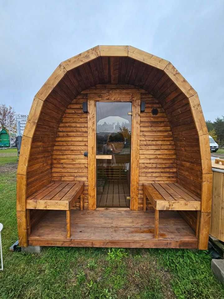 Sauna ogrodowa z piecem opalanym drewnem piękna panorama