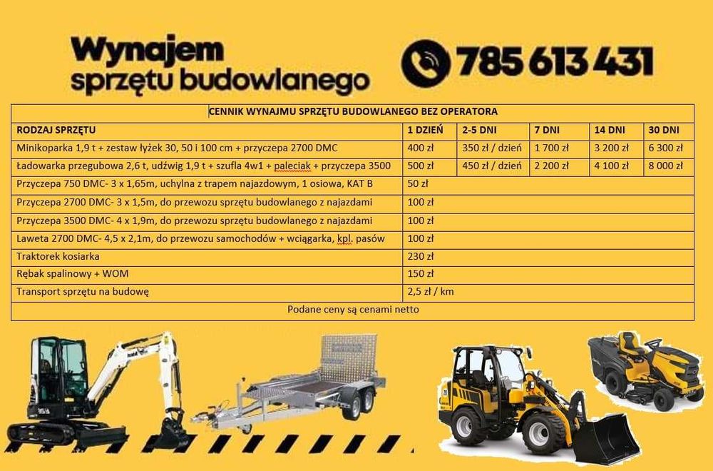 WYNAJEM WYPOŻYCZALNIA KOSIARKA Traktorek Koparka Ładowarka Bez Kaucji