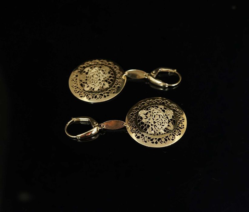 Złoto 585-złote kolczyki wiszące ażurowe koła