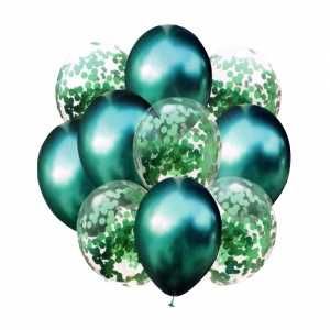 Balony metaliczne zielone z konfetti 10 szt zestaw