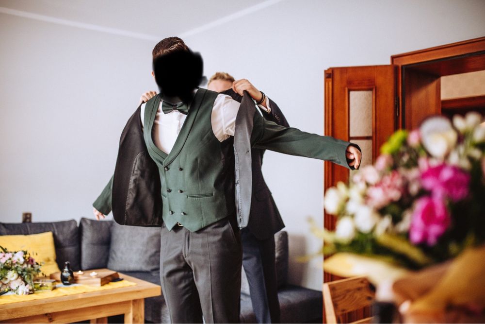 Smoking Pako Lorente zestaw ślub wesele garnitur butelkowa zieleń bdb