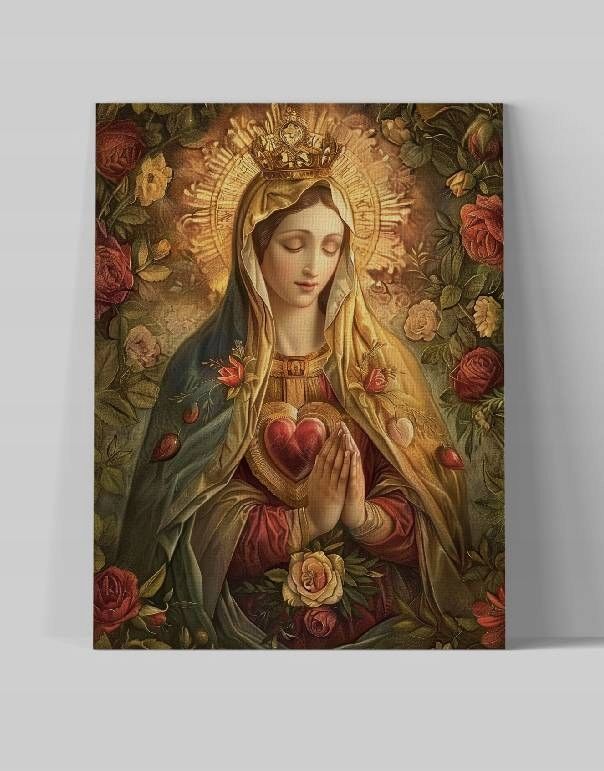 Obraz na płótnie Serce Maryi w Kwiatach 75x100 cm – sztuka sakralna