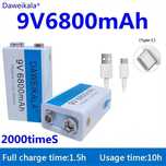 Pilha 9V 6800 mAh Lithium Recarregável USB-C