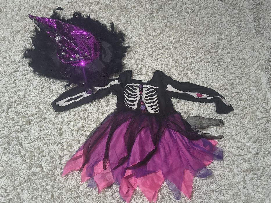 Stroj halloween sukienka szkielet plus kapelusz czarownicy
