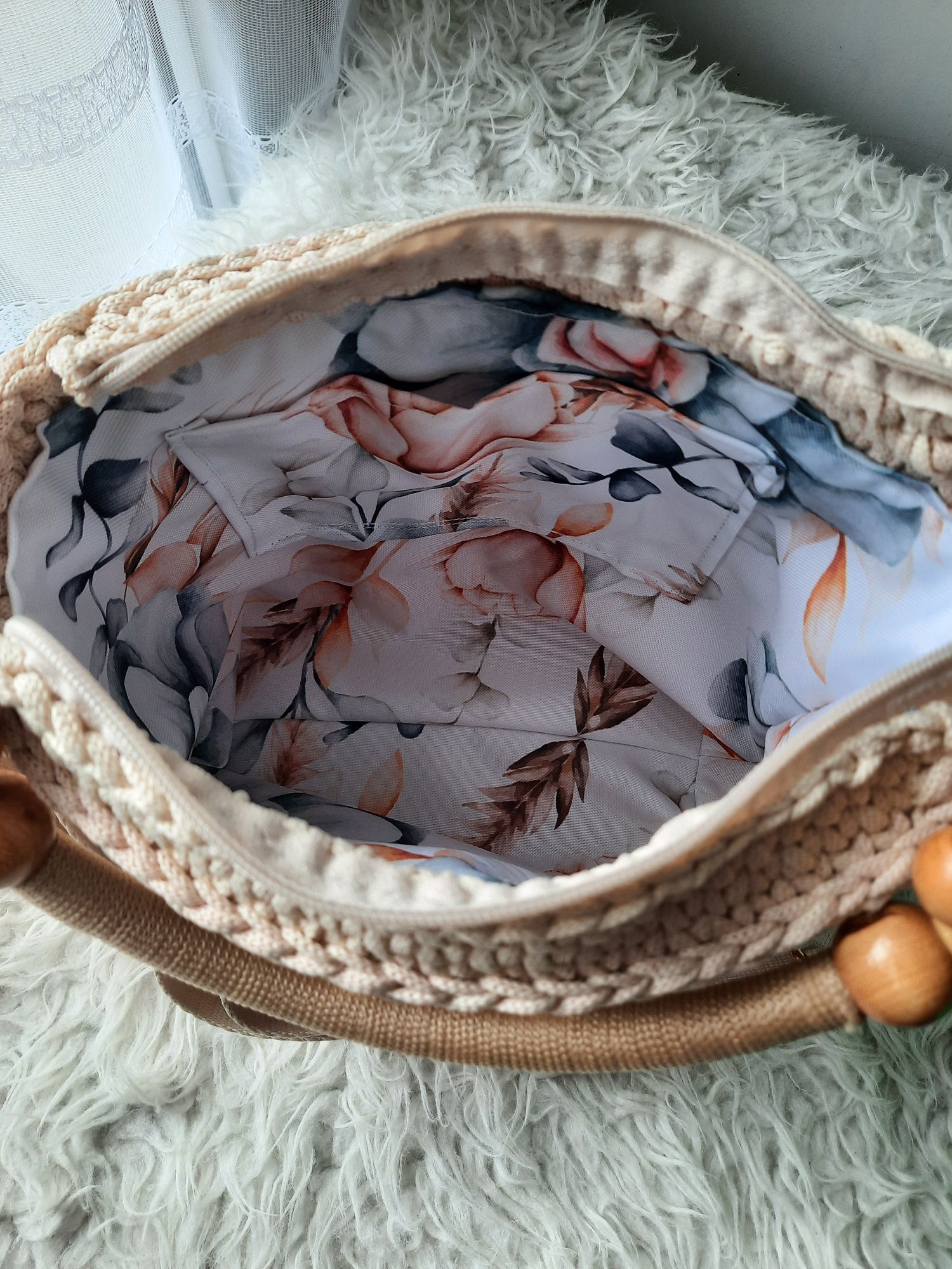 Pojemna torebka na szydełku handmade ombre koral jasny róż krem skóra