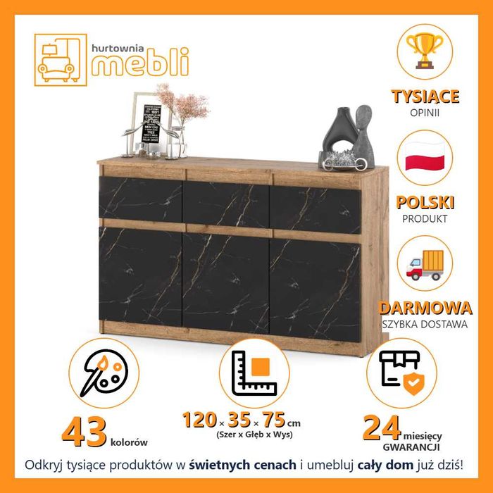 Komoda Szeroka Nowoczesna Oleksa 120cm Szafka 3 Szuflady Do Sypialni