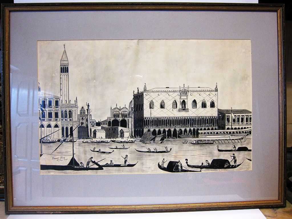 vintage paisagem veneziana em tinta da china - assinada e datada 1964