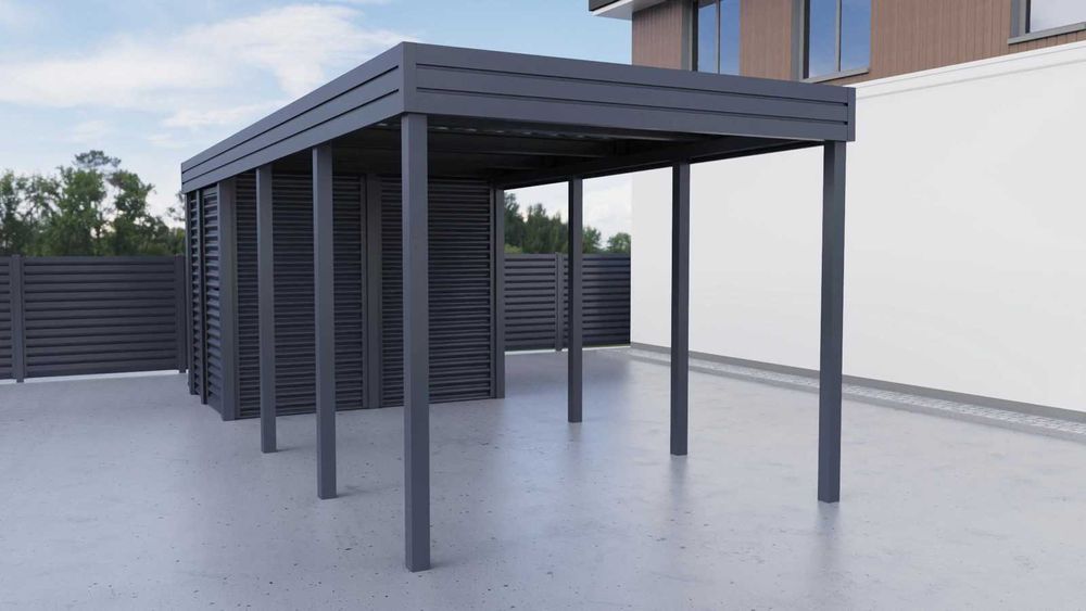 Wiata 3x7m z pomieszczeniem z tyłu FALA Antracyt (Zaprojektuj w 3D)
