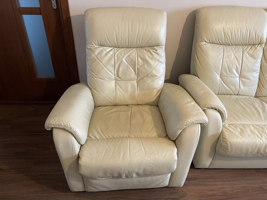 Komplet skórzany: Fotel rozkładany relax i sofa z funkcją spania