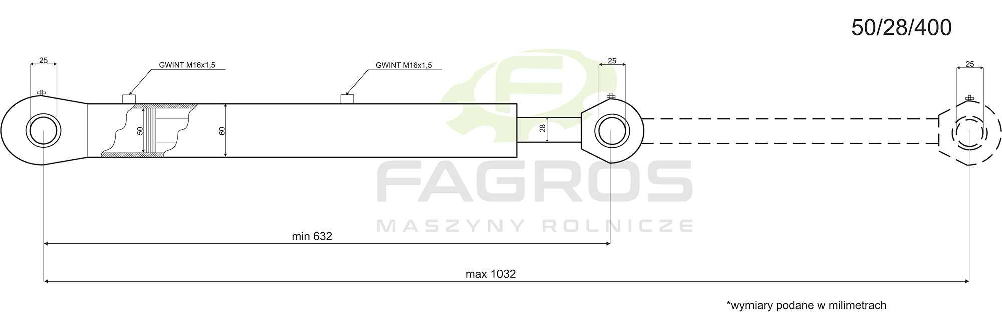 TŁOK 50/28/400 Siłownik hydrauliczny 2 dwu-stronny Cylinder - WYSYŁKA