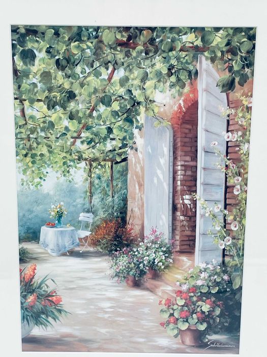 Grafika w ramce złoconej przedstawiająca wyjcie na ogród.