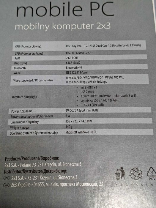 Mini komputer przenoścny, mobile PC + Windows 10