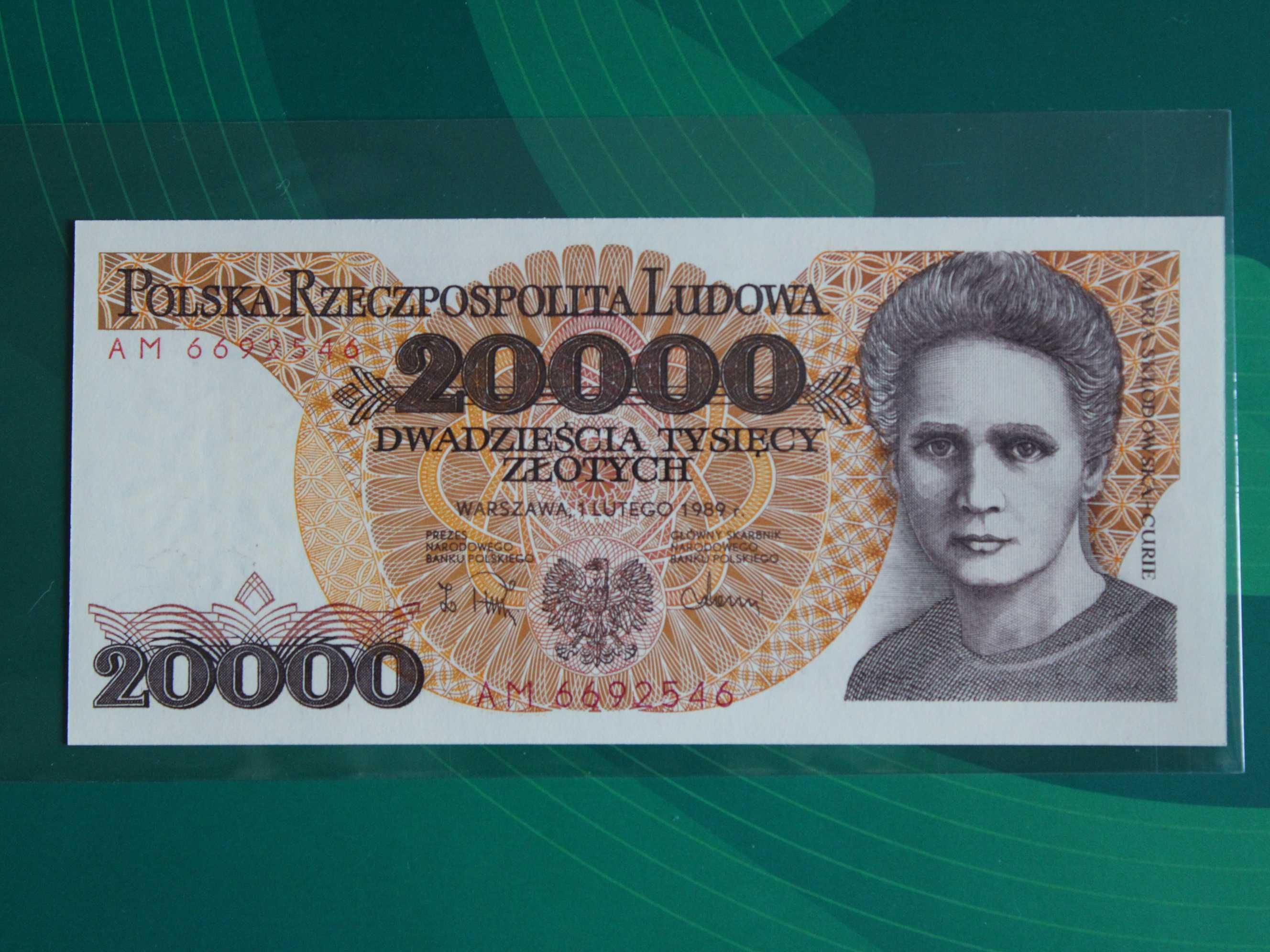 20000, 20 tys zł. 1989 r. Skłodowska-Curie Stan bankowy UNC.