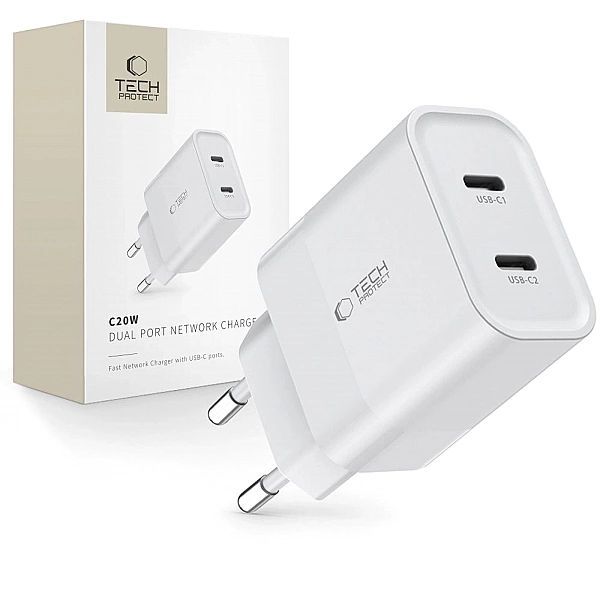 Ładowarka Tech-Protect C20w sieciowa 2x Usb-c Pd 20w - biała