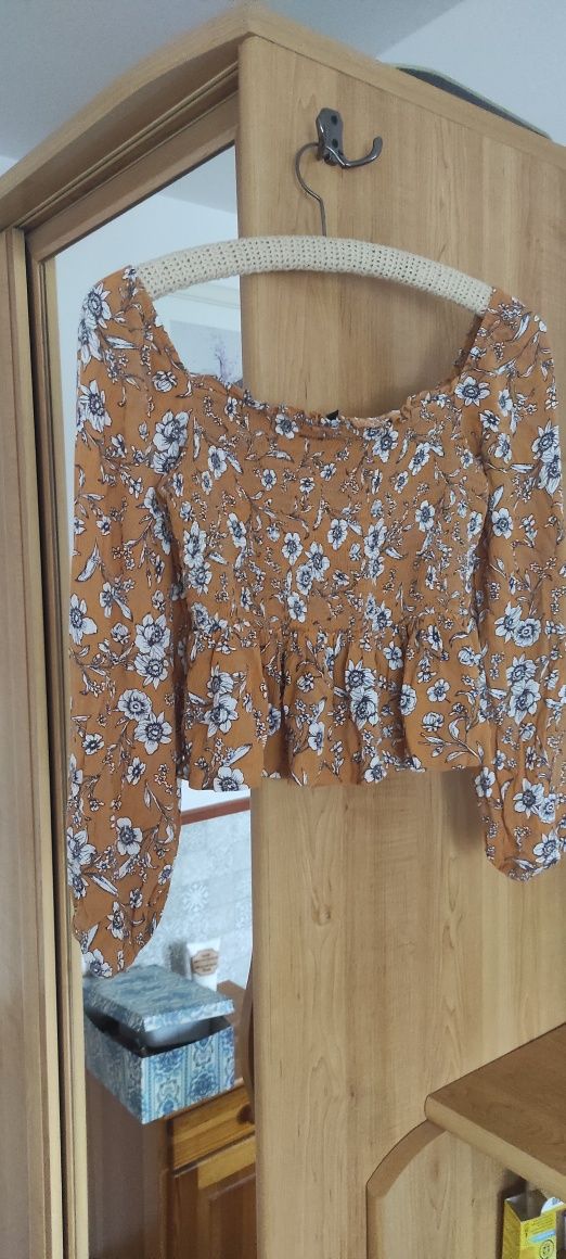 Romantyczna bluzka Boho Primark 36 brąz w kwiaty rozszerzane rękawy