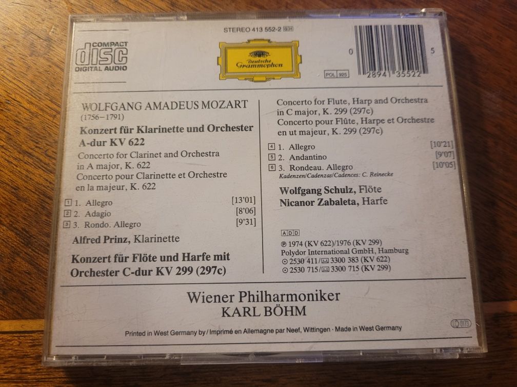 CD Mozart / dyr.Karl Böhm/ Konzert für Flöte & Harfe 1985 DG