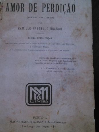 Livro raro de Camilo Castelo Branco, Amor de Perdição, 18ª edição 1911