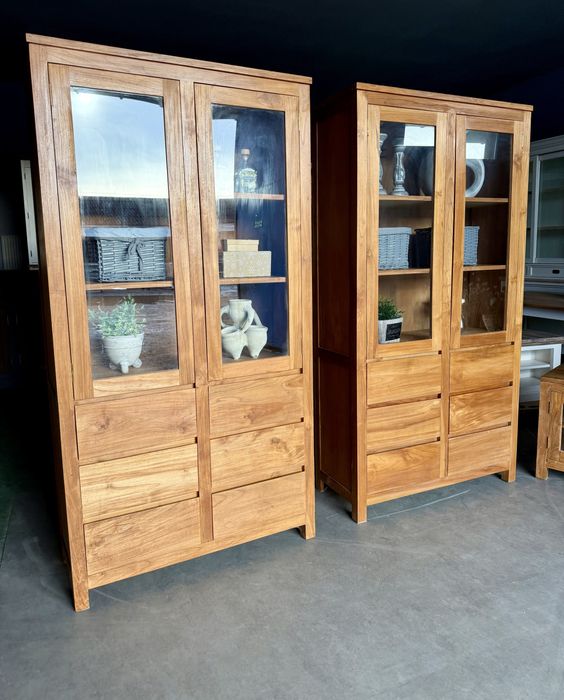 Witryna DWIE drewniane drewniana jasna 100 tekowa prosta kolonialna