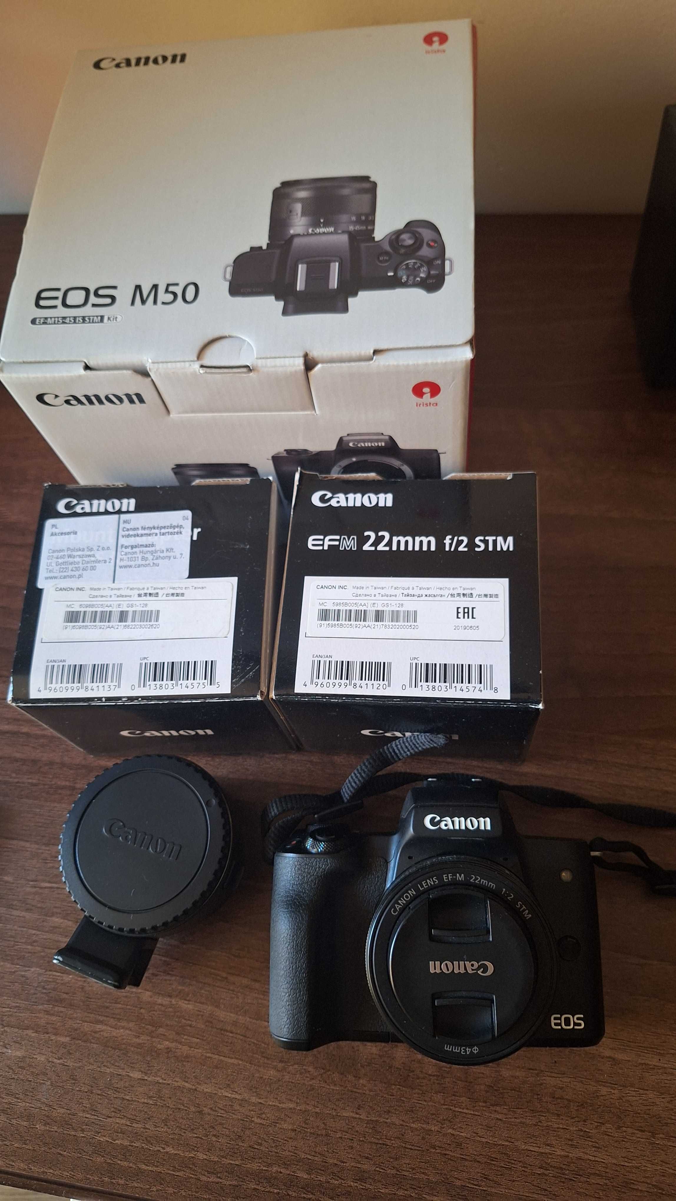 Canon EOS M50 + obiektyw EFM 22mm f/2 STM+ statyw + adapter EF-EOS M