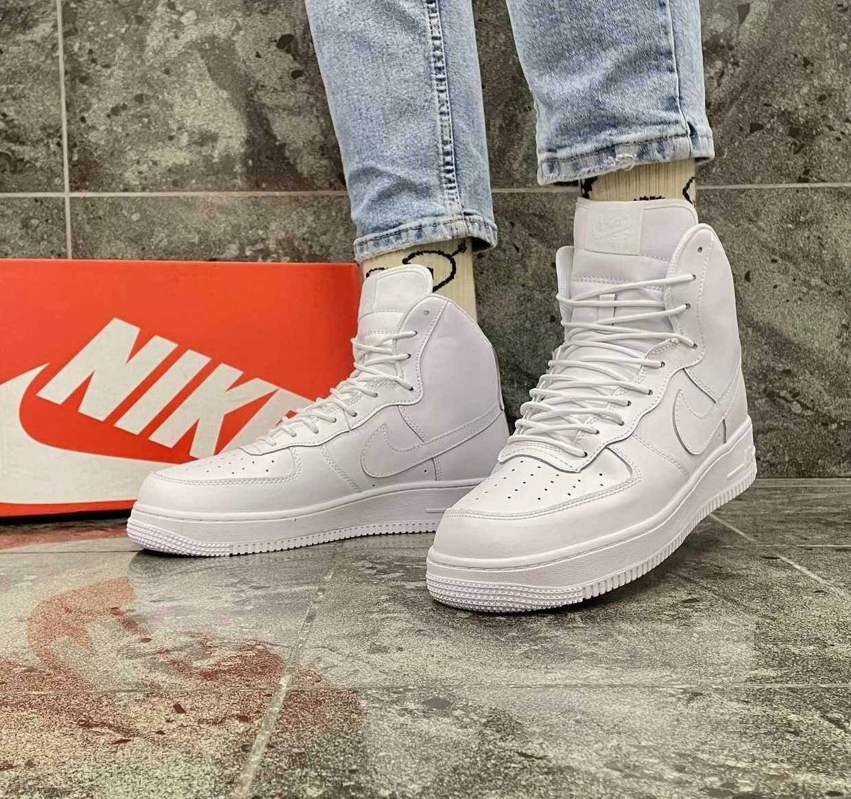 Кроссовки Мужские Найк Air Force белые высокие Nike натуральная кожа