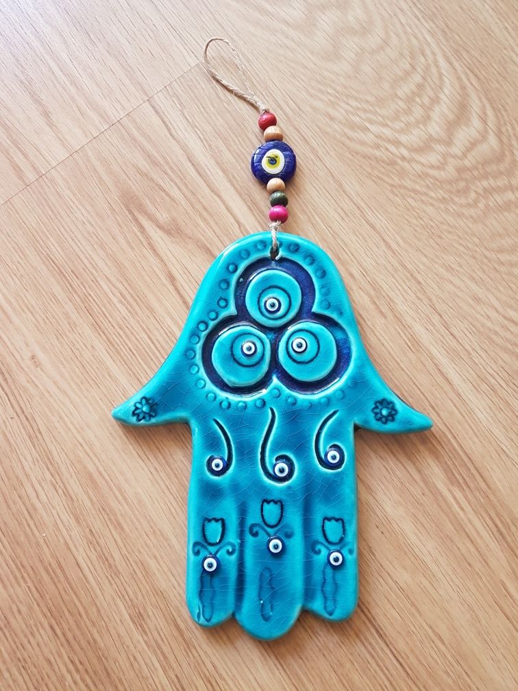 OFERTA PORTES - Mão de Fátima Azul de Cerâmica da Turquia Hamsa (26cm)