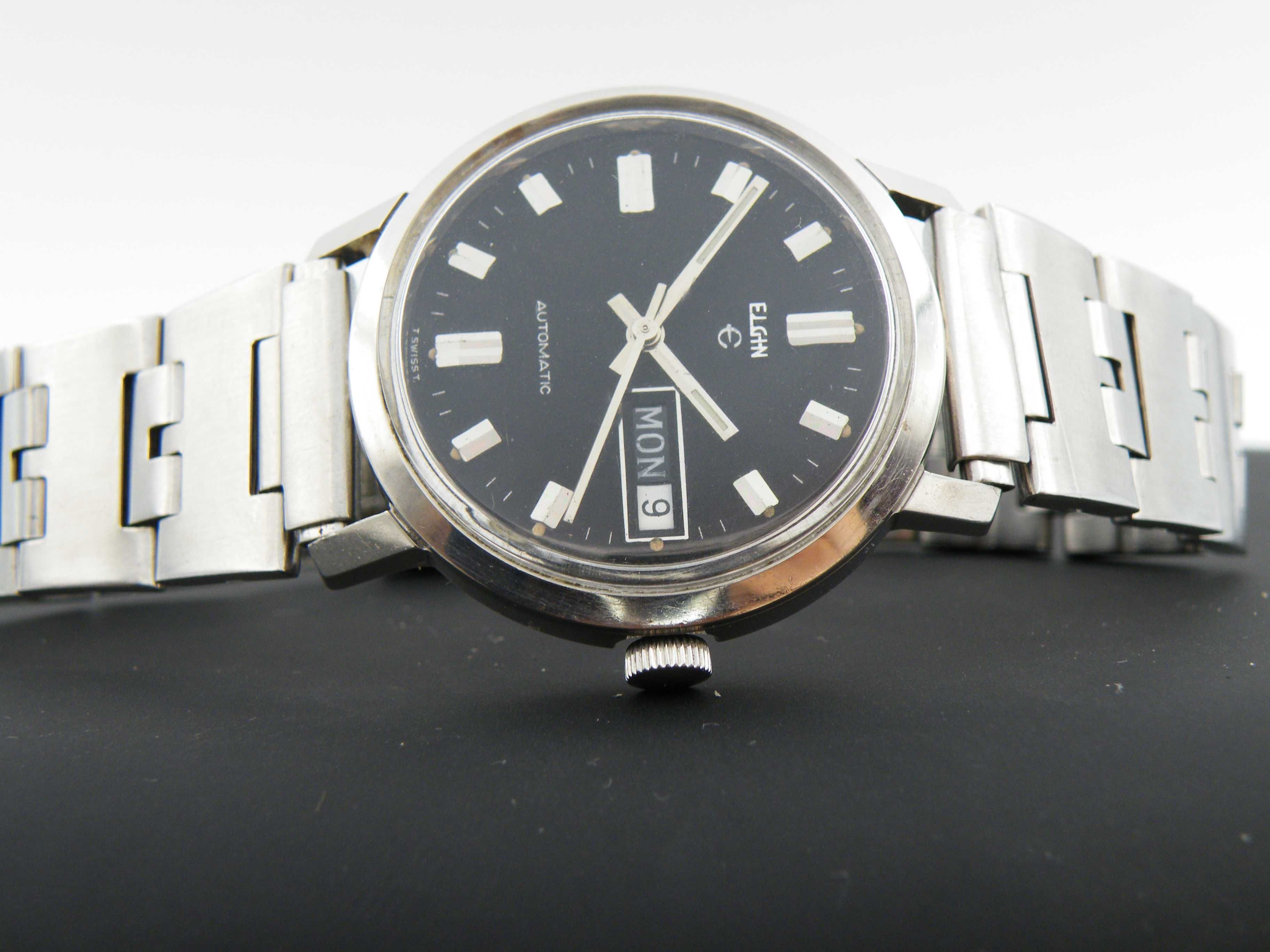 Elgin Automatic Vintage z Czarną Tarczą w Stalowej Kopercie