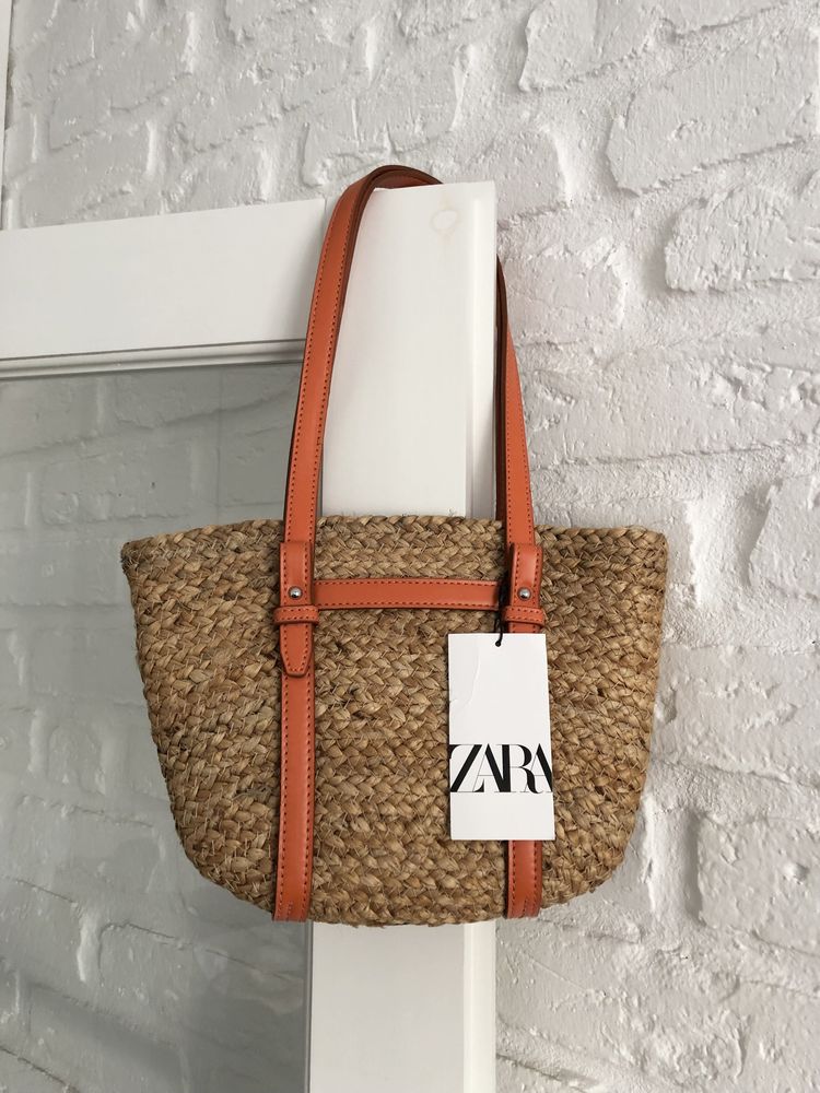 Zara torba koszyk z juty beżowa pomarańczowa kosz shopper
