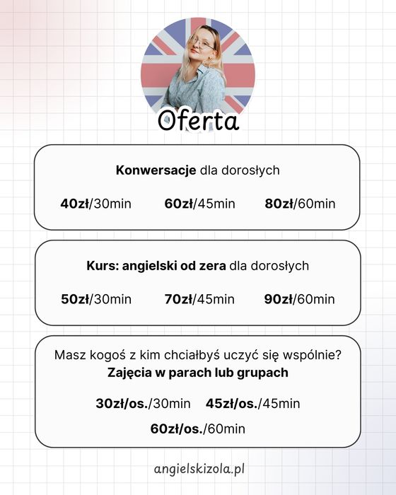 Zajęcia konwersacyjne z języka angielskiego dla dorosłych 60zł/45minut