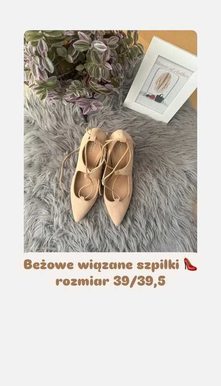 Szpilki beżowe wiązane eleganckie wizytowe minimal high heels 39/39,5