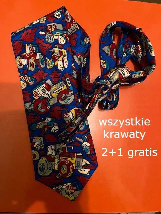 Krawat kolorowy jedwabny w traktory 100% silk 2+1gratis Dzień Chłopaka