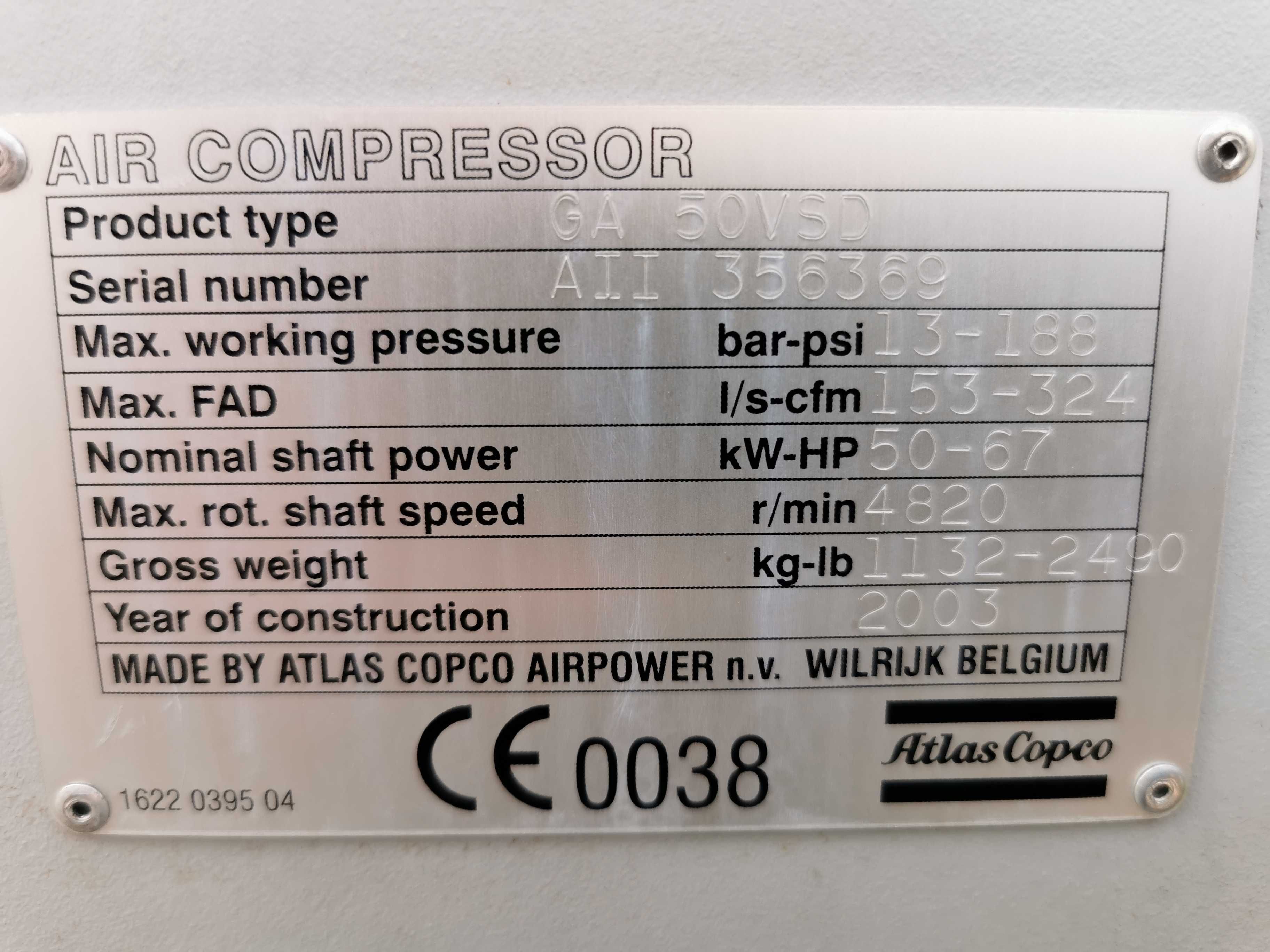50kw +FALOWNIK Sprężarka śrubowa Atlas Copco GA50VSD kompresor 9200L/M