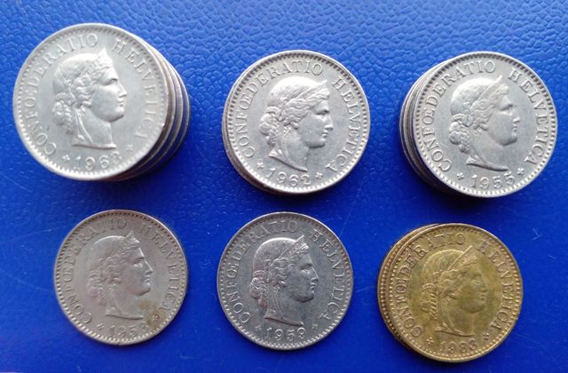 Монеты Швейцарии  5 раппенов  : 1955, 1958, 1959, 1962, 1963, 1983г.