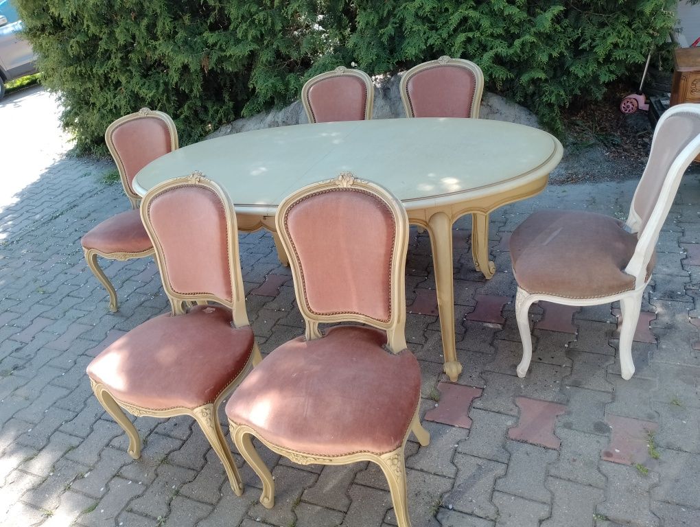 Piękny stylowy stół rozkładany +6 krzeseł ecru  ludwik dębowy
