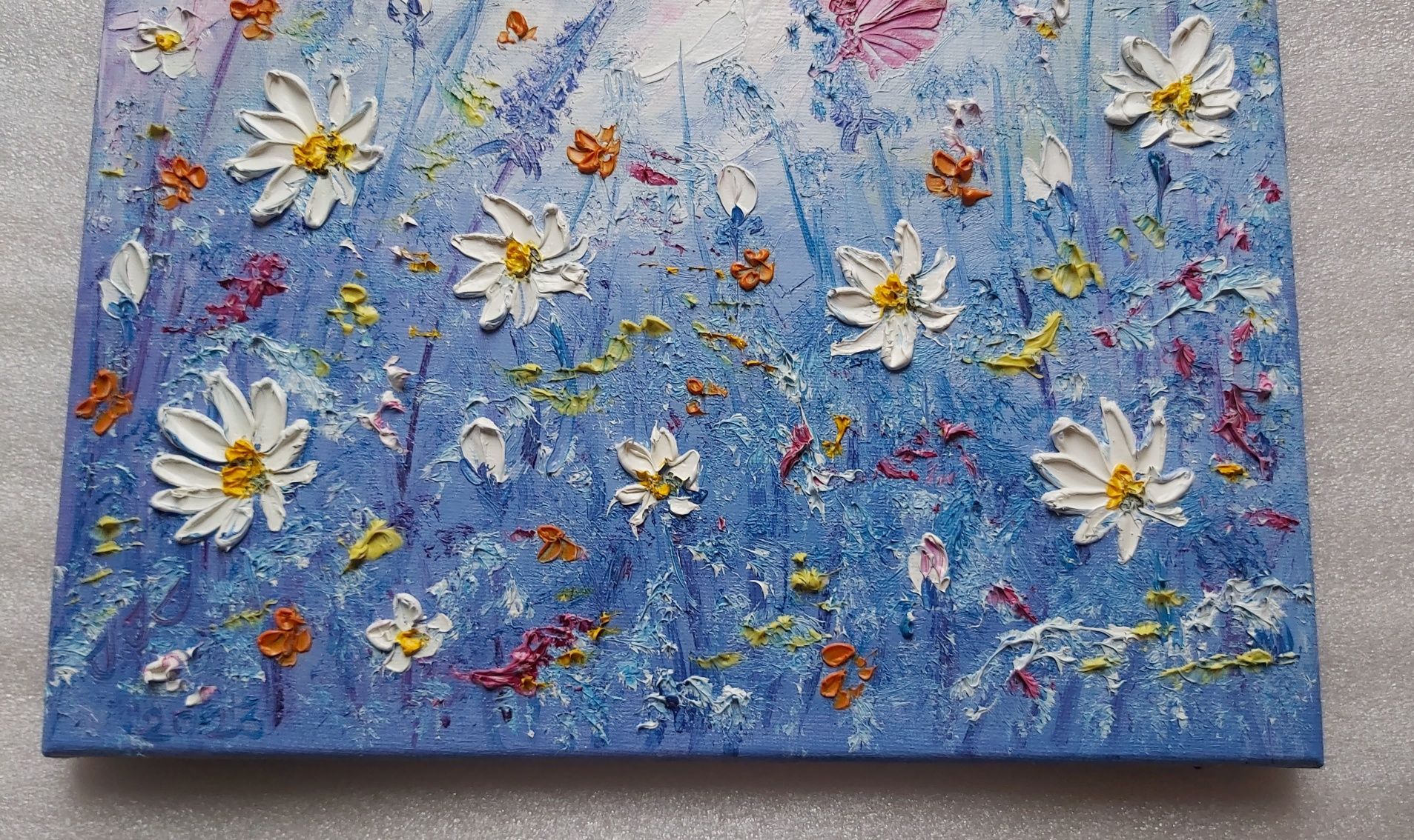 Niebieska Łąka Motyl 30x30cm obraz olejny abstrakcja na płótnie