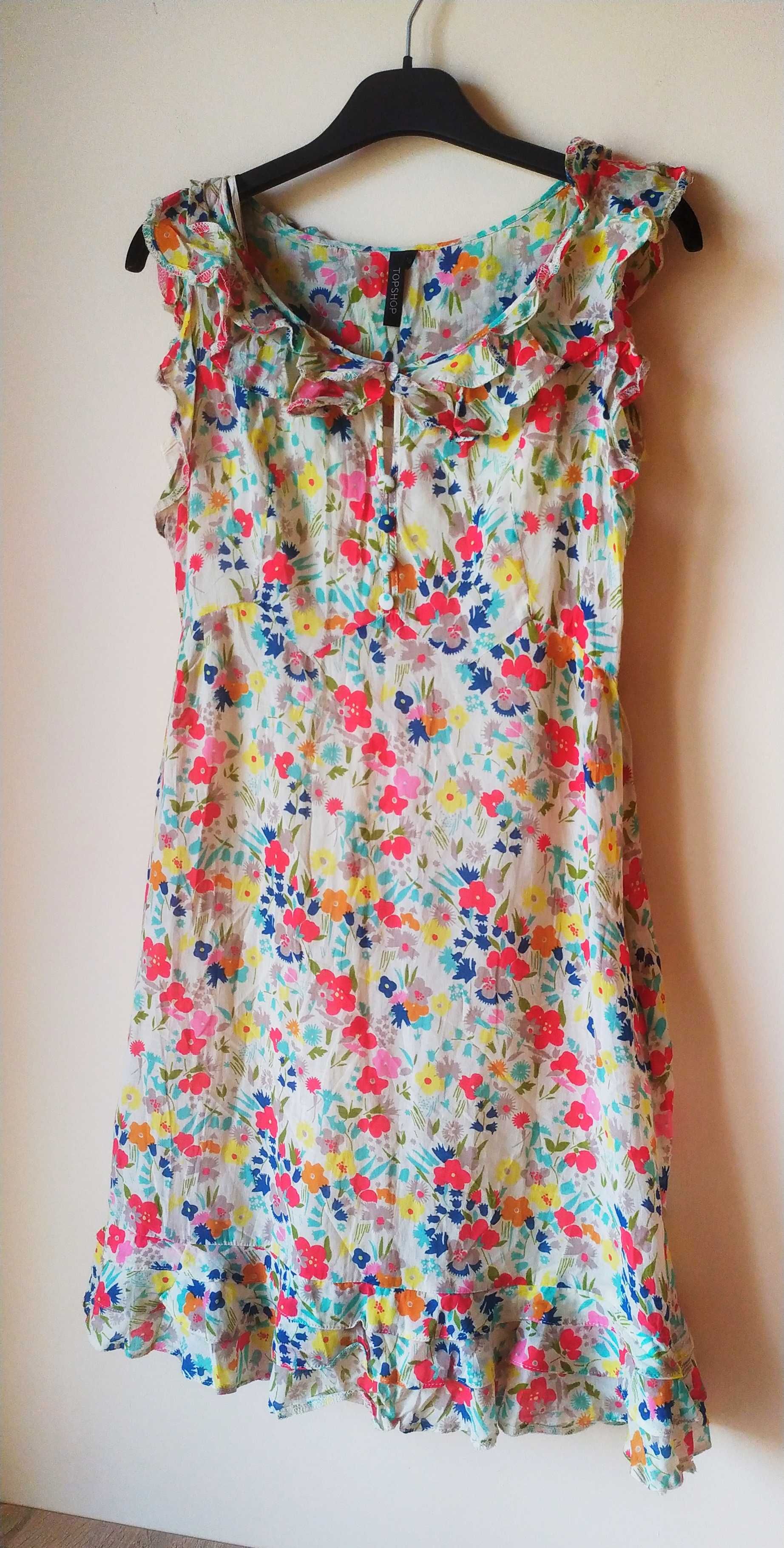 Kolorowa bawełniana sukienka w kwiaty z falbanami, Topshop, rozmiar M