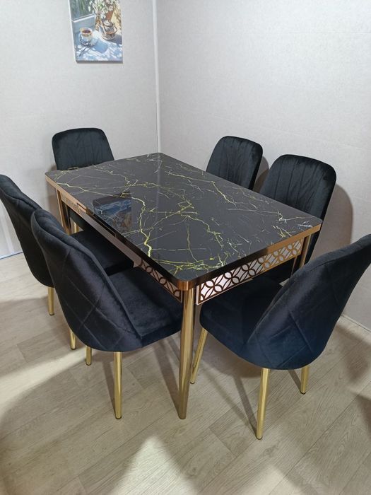 Обеденный кухонный стол раскладной + 4(6) стульев. Мрамор