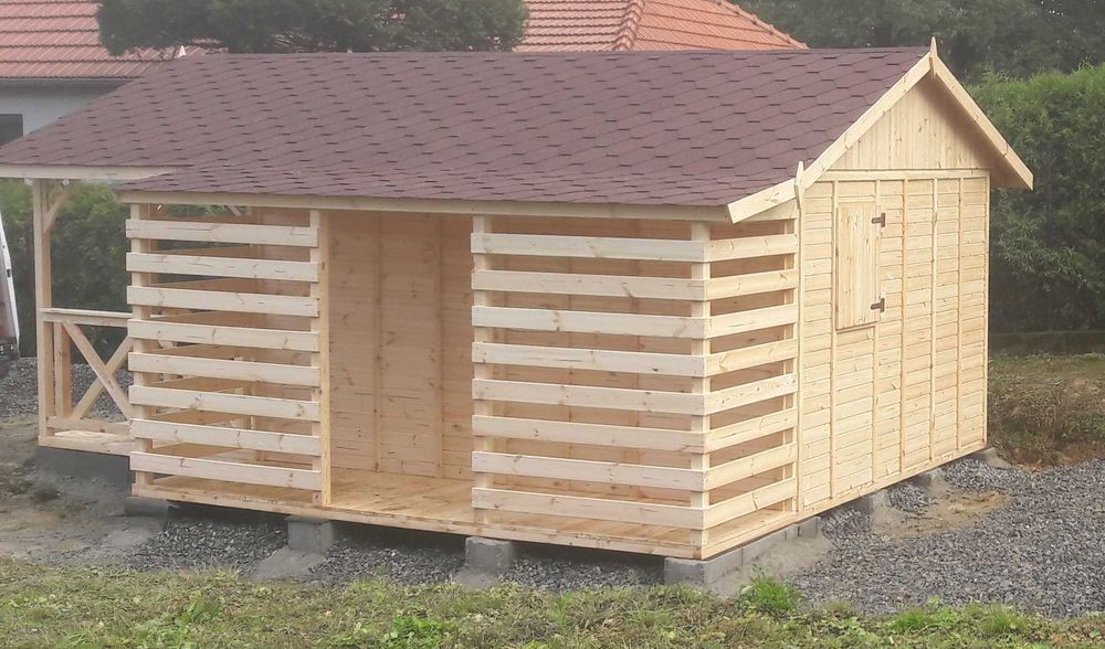 Domek letniskowy ogrodowy drewniany 6×3 m z drewutnią Drewutnia Altana